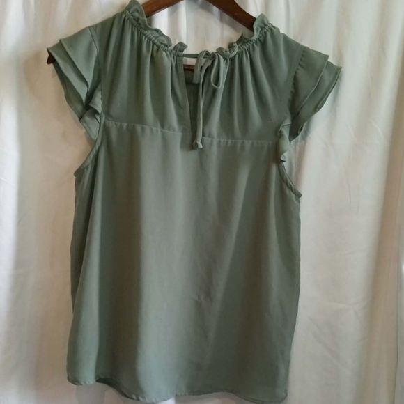 Monteau Small Sage Green Ruffle Tie Neck Blouse Short Flowy Fairy Cool Green Cap - Picture 2 of 5